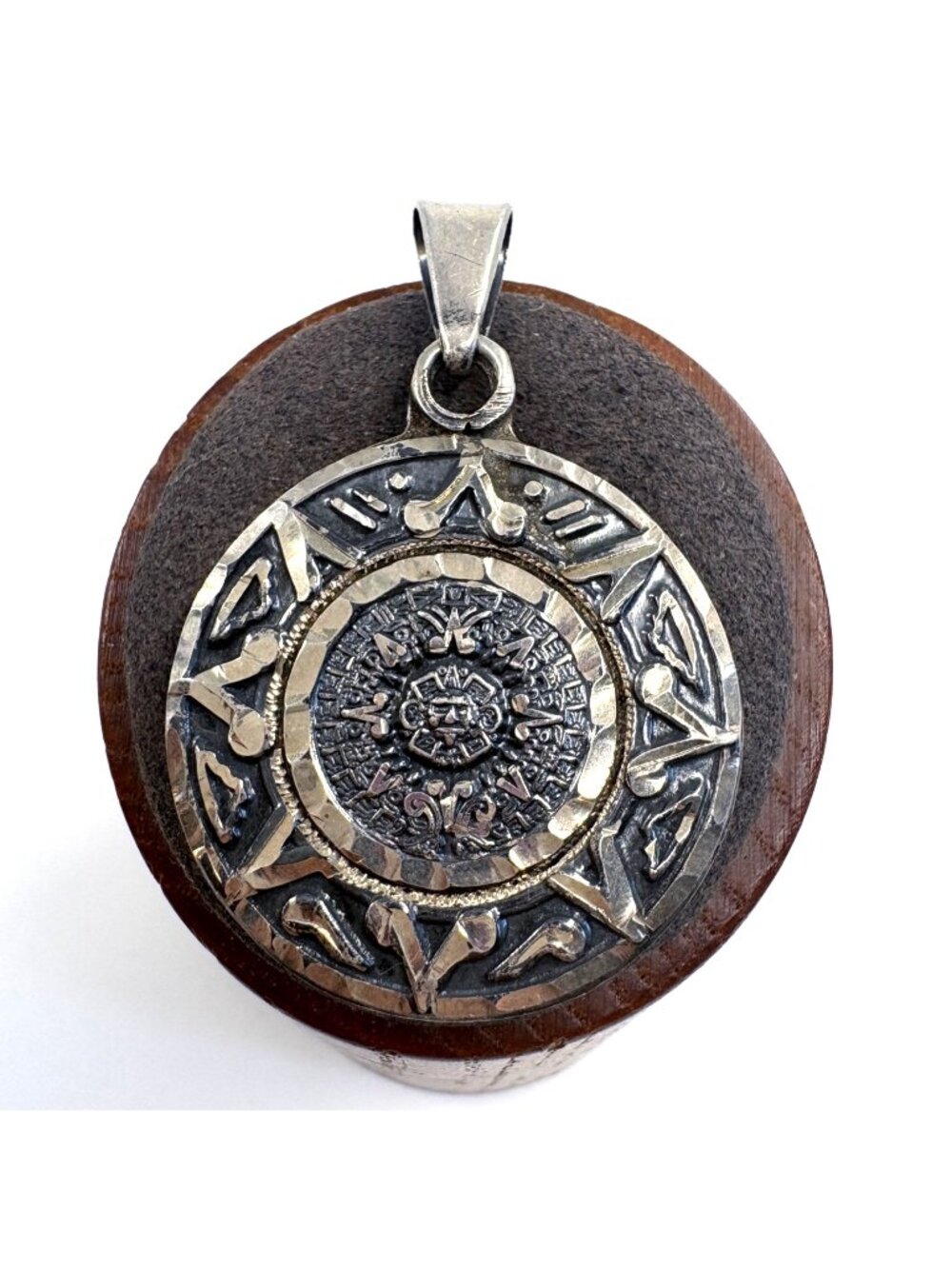 Aztec Calendar Design Pendant Sterling Silver 925 Size 1.75" Length